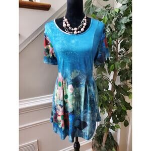 Simply Aster Women's Blue Floral Polyester Round Neck Short Sleeve Top Blouse XL